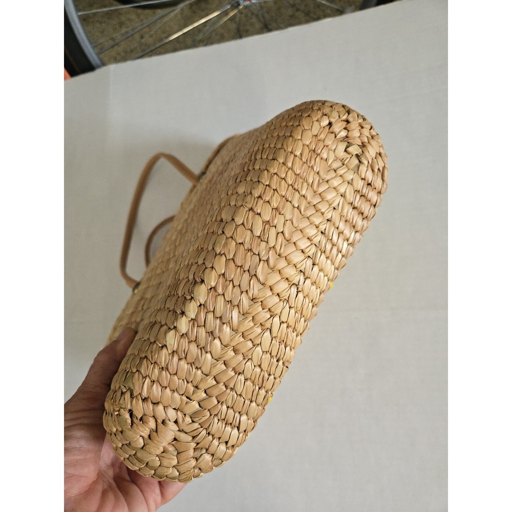 Vtg 1970s Woven Straw Leather Handbag 3D Flower Yarn Leaves MCM Boho Yellow Tan - Picture 8 of 13